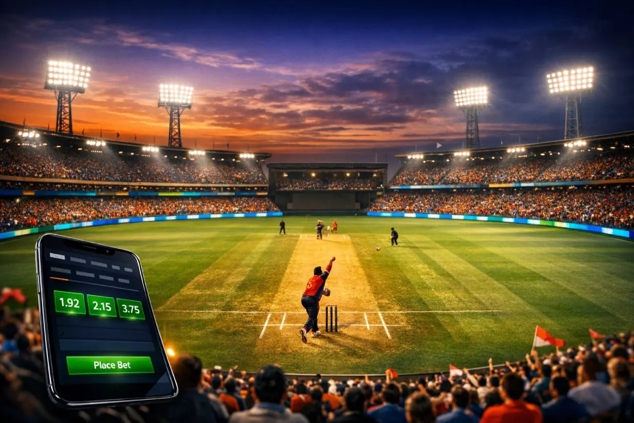 Live IPL cricket betting on a mobile phone with a packed stadium under floodlights in the background
