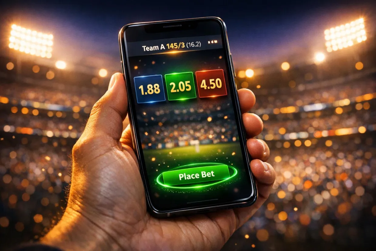 Using the Lotus365 app for live cricket betting during an IPL match in a packed stadium