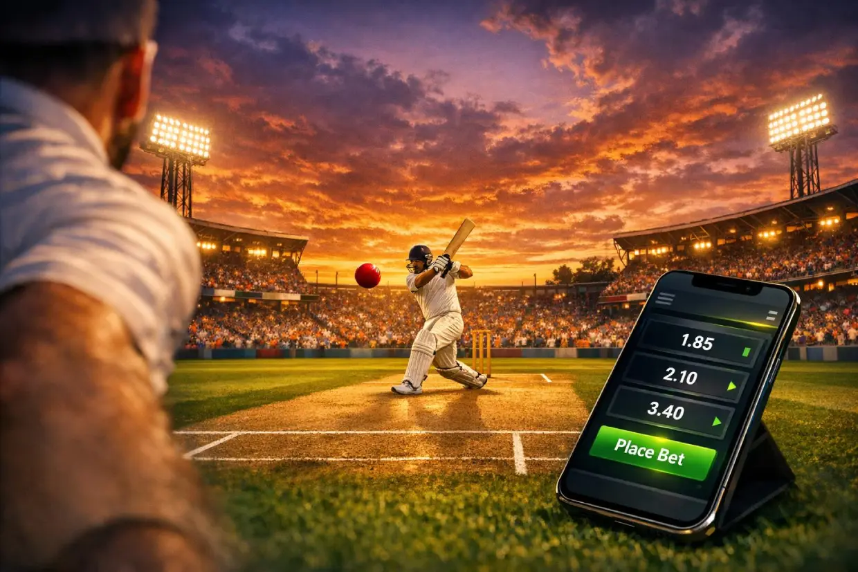 Live cricket betting markets on a mobile phone with a packed stadium in the background