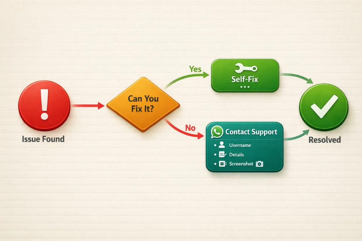 Lotus365 customer support issue resolution flowchart showing self-fix and contact support paths