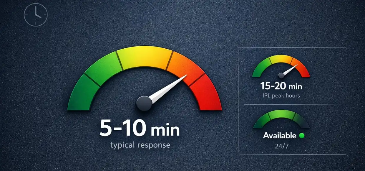 Lotus365 customer support response time gauge showing 5-10 minute typical response